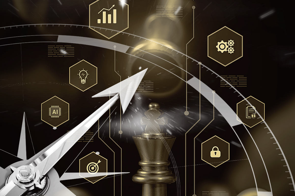 Tactical strategy interface featuring a compass needle pointing toward a chess King, surrounded by intelligence icons for AI, security, and data analysis, representing BeeZee Vision’s COA 1 Reconnaissance phase to achieve strategic checkmate. Alt Text (Spanish): Interfaz de estrategia táctica con una brújula apuntando hacia un Rey de ajedrez, rodeado de íconos de inteligencia para IA, seguridad y análisis de datos, que representa la fase de Reconocimiento COA 1 de BeeZee Vision para lograr el jaque mate estratégico.