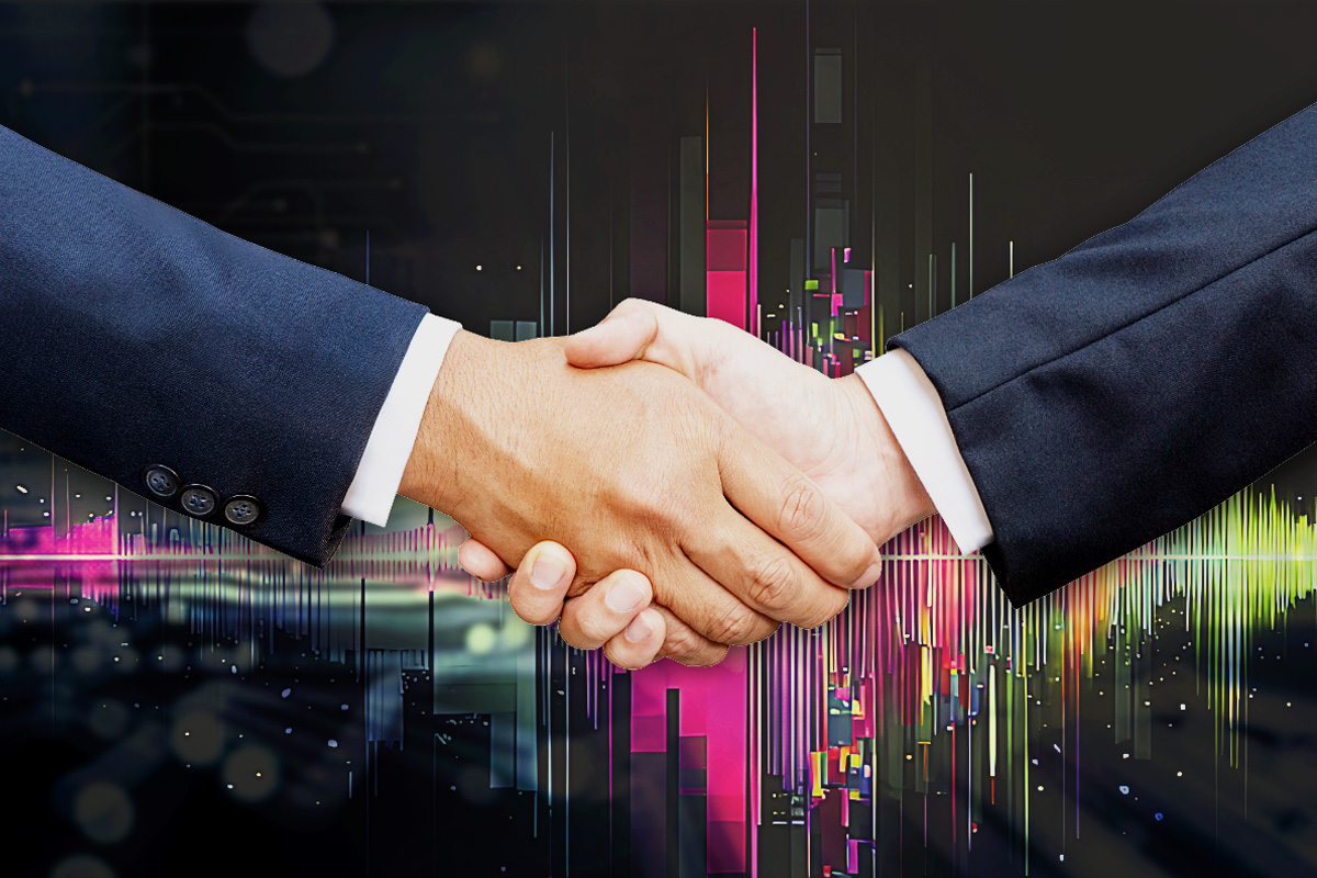 A professional handshake set against a dynamic background of complex colorful data waveforms and digital light bars, representing BeeZee Vision’s COA 2a Advanced Operational Support and continuous forensic monitoring for long-term mission continuity. Alt Text (Spanish): Un apretón de manos profesional sobre un fondo dinámico de complejas ondas de datos coloridas y barras de luz digitales, que representa el Apoyo Operativo Avanzado COA 2a de BeeZee Vision y el monitoreo forense continuo para la continuidad de misiones a largo plazo.