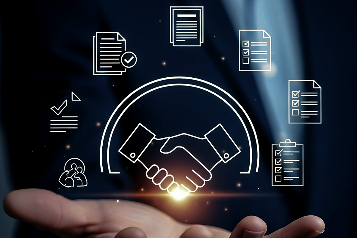 A glowing digital handshake icon held in a hand and surrounded by document, checklist, and compliance icons, representing BeeZee Vision’s Rules of Engagement (ROE), mission ethics, and formal service agreement protocols. Alt Text (Spanish): Ícono de un apretón de manos digital brillante sostenido por una mano y rodeado de íconos de documentos, listas de verificación y cumplimiento, que representa las Reglas de Enfrentamiento (ROE) de BeeZee Vision, la ética de la misión y los protocolos formales de acuerdo de servicio.