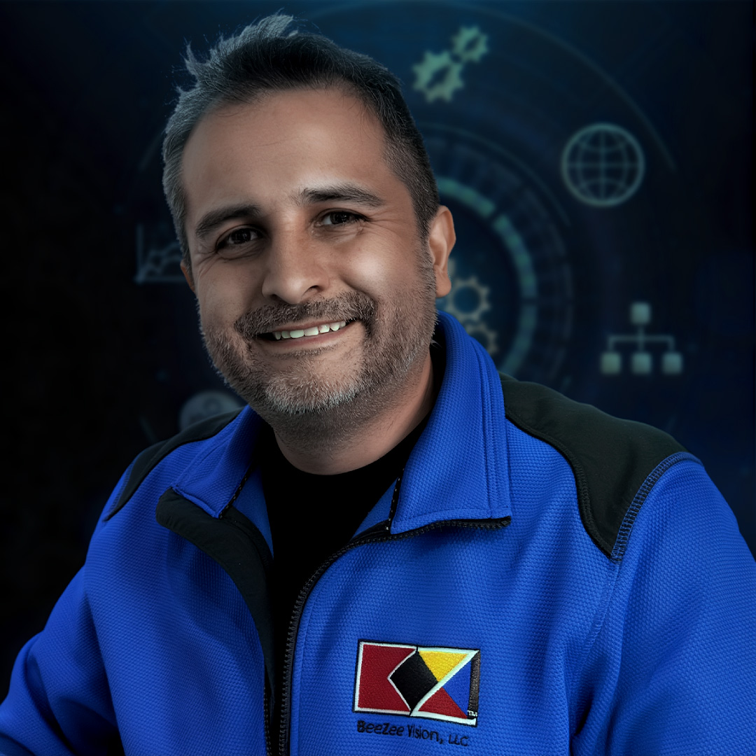 A focused, high-contrast portrait of Dave, a key member of the BeeZee Vision operational team, at his workstation in the Command and Control (C2) hub. Dave is wearing his signature BZV embroidered hat, with his attention directed toward off-screen monitors. The atmospheric lighting from the digital displays highlights a look of intense analytical focus. This image captures the technical and forensic expertise that powers the 