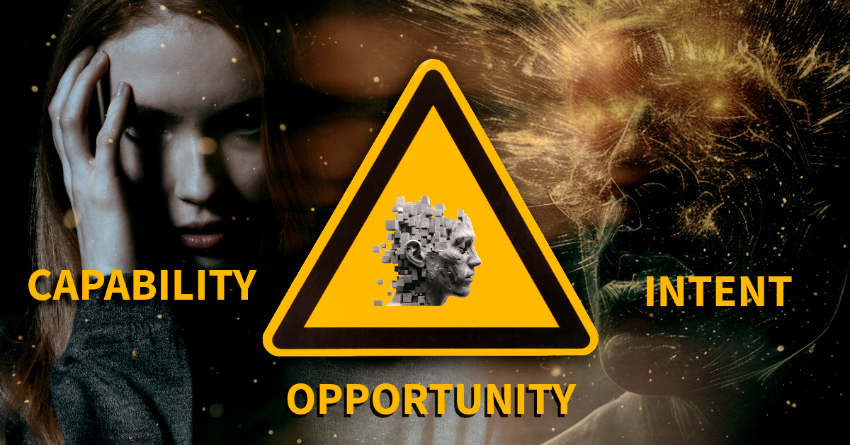 A visual breakdown of the Deadly Force Triangle. One side shows a woman expressing fear to represent concrete Capability; the opposite side features a distorted, scary face representing the subjective nature of Intent. In the center, a fragmented human mind faces the Intent pillar, symbolizing the difficulty of making split-second, pragmatic decisions without the temperance of professional training.