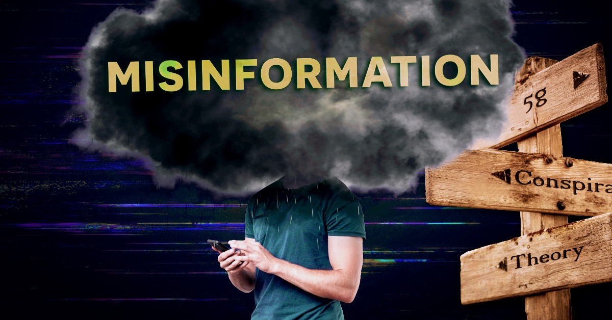 A conceptual image for BeeZee Vision showing a man whose head is replaced by a dark storm cloud labeled 'MISINFORMATION.' He is holding a smartphone while standing next to a wooden signpost pointing toward '5G,' 'Conspiracy,' and 'Theory,' set against a dark, glitchy digital background.
