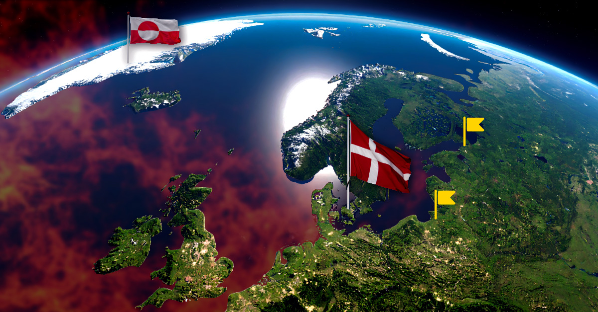 Strategic geopolitical map centered on Greenland and the North Atlantic, featuring tactical markings that highlight the island's proximity to Russia. Small yellow flags identify the strategic Russian military hubs of Kaliningrad and St. Petersburg, illustrating the geographical importance of Greenland in monitoring and containing Russian naval and missile capabilities in the 2026 Arctic theater.