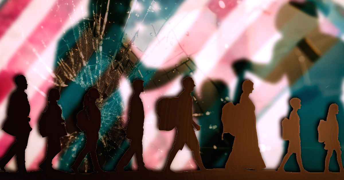 Silhouettes of people with backpacks walking in a line toward a fractured American flag. Behind the jagged, shattered glass, a blurred, ethereal image of a family is visible, symbolizing the fading memories and the distorted, often unreachable nature of the American Dream for those forced to leave everything behind.