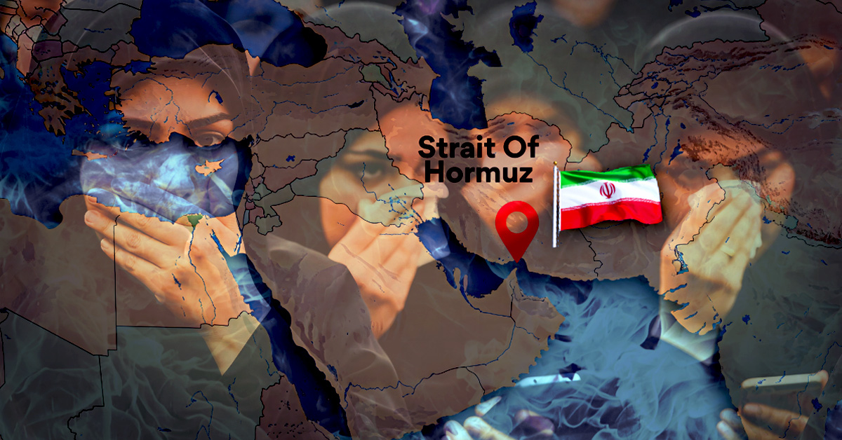 A cinematic and symbolic graphic featuring a world map in dark blue tones as the background. Superimposed on the left and right are the semi-transparent, mirrored portraits of a young Iranian woman wearing a surgical face mask. Her expression is one of deep sorrow and witness, with her hand held to her face in a gesture of grief. In the center of the map, a red location pin marks the Strait of Hormuz, labeled with bold text. To the right of the pin, a small, vibrant flag of the Islamic Republic of Iran stands on a flagpole. Wisps of blue smoke or vapor drift across the entire composition, creating a somber, forensic atmosphere that highlights the 'human shrapnel' of the 2026 crisis.