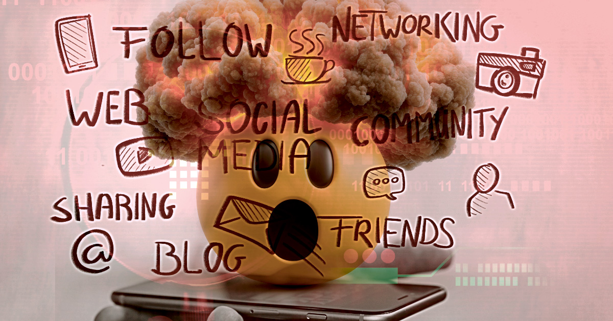 A chaotic, high-contrast digital illustration of a human head exploding with social media icons, "Follow" buttons, and connectivity tags. The vibrant colors and overlapping text symbolize the overwhelming data collection and information overload of the modern digital landscape.