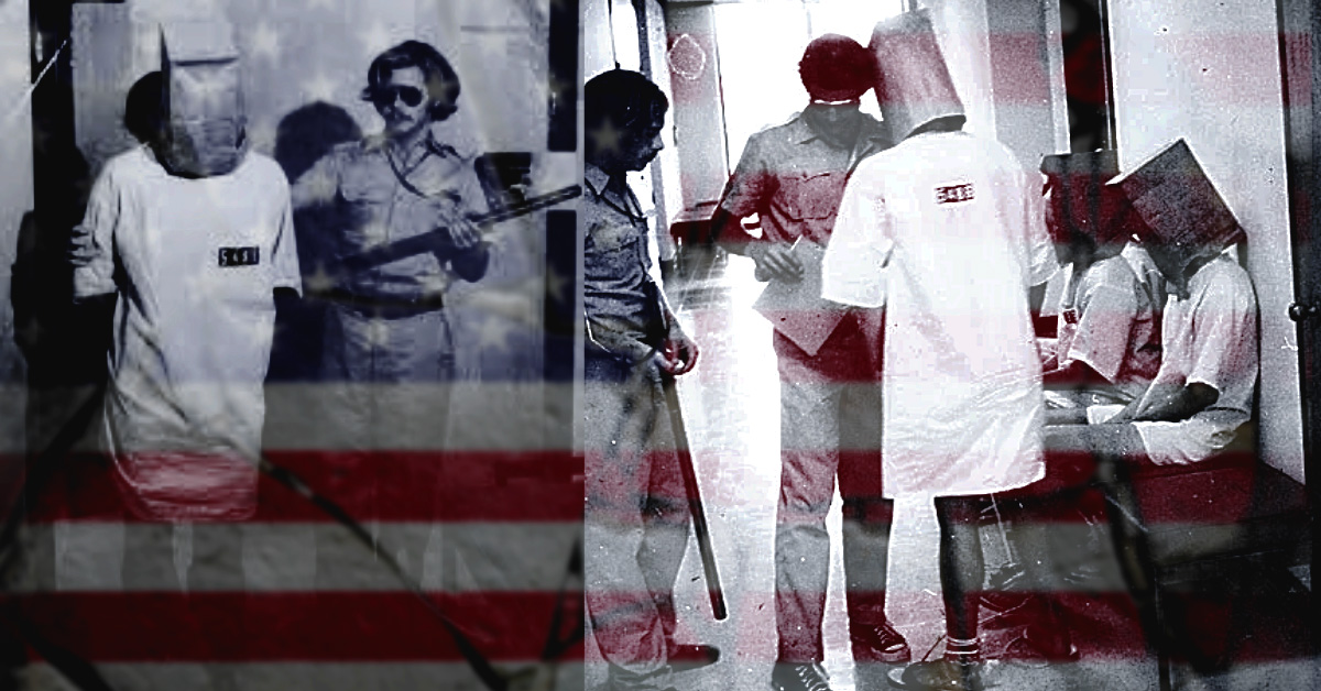 A high-contrast forensic composite for BZV featuring original archival footage from the 1971 Stanford Prison Experiment. The image shows student 'guards' and 'prisoners' with bags over their heads, overlaid with a translucent American flag and a chain-link texture. It serves as a visual warning of the psychological transition from positional authority to state-sanctioned tyranny.