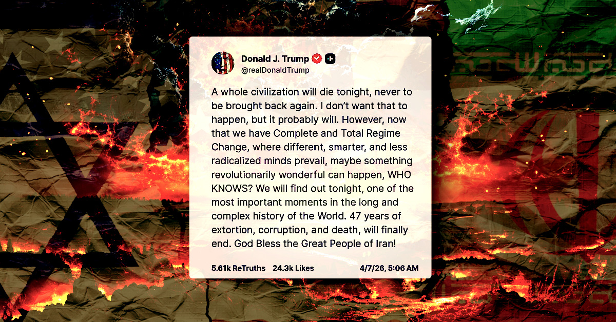 A powerful, symbolic editorial graphic titled "BZV - Trump Apocalyptic." The image features a translucent Truth Social post by Donald Trump centered over a scorched field of fire and debris. At the base, the national flags of the United States, Iran, and Israel appear crumpled and discarded among the flames. A ghostly, tattered American flag banner looms in the background smoke, symbolizing the existential threat of "Armageddon" and the collapse of 47 years of regional stability.