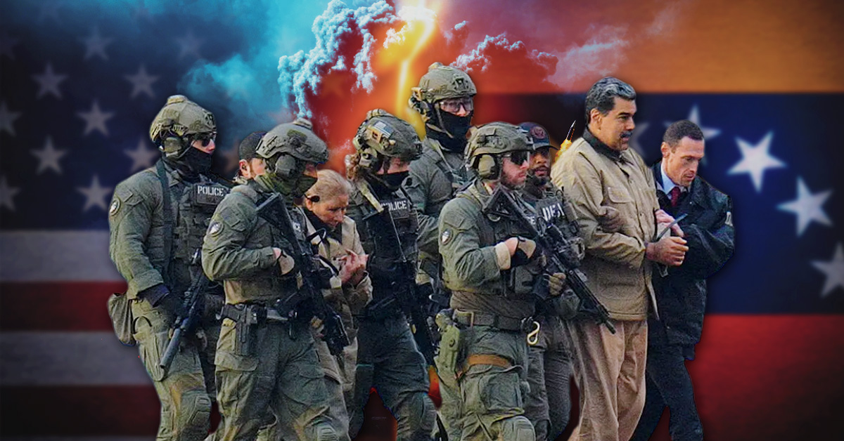 Political illustration of the 2026 Venezuela extraction: Nicolás Maduro and a bruised, handcuffed Cilia Flores being escorted by elite U.S. tactical forces. The background features the American and Venezuelan flags split by a lightning bolt, symbolizing the violation of sovereignty and the strategic seizure of resources under the 2026 Extraction Doctrine.